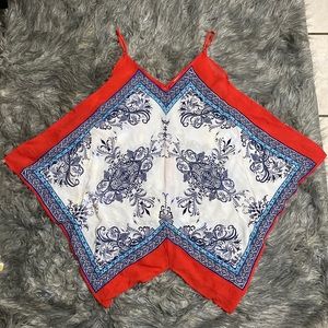 red and blue flowy paisley blouse
